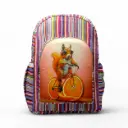 Funky Squirrel Backpack – Quirky Orange Slice Bike Print on Striped Cotton Canvas Bag with Boho Vibes for Teens, Travel & Everyday Fun 