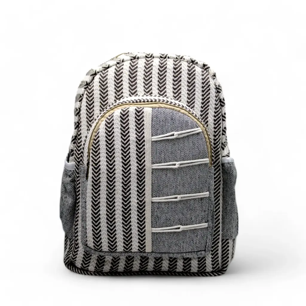 Ethnic Monochrome Tribal Stripe Backpack – Handwoven Cotton Canvas Laptop Bag with Utility Front Design & Side Pockets 