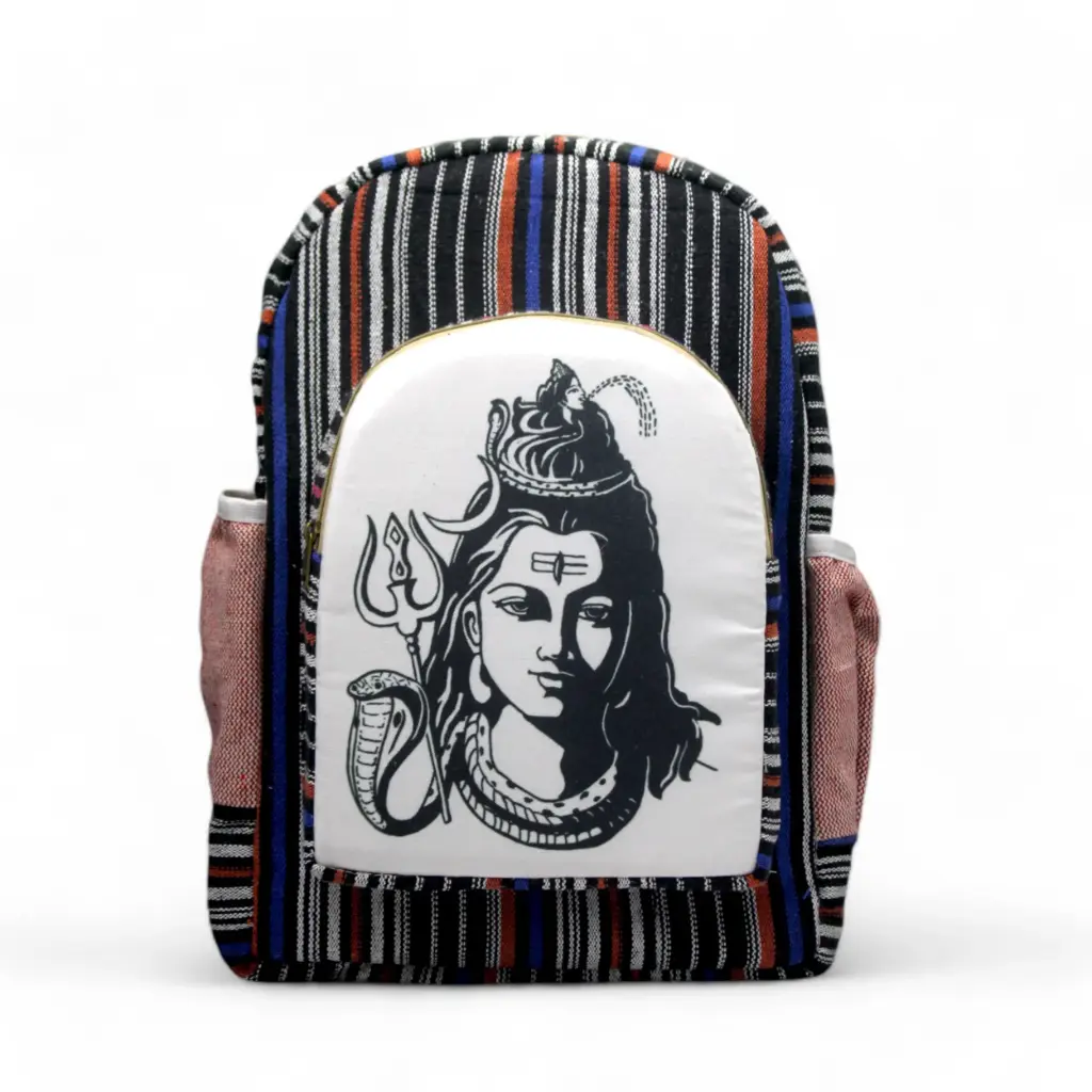 Lord Shiva Print Boho Backpack – Handcrafted Cotton Canvas Bag with Trishul Design & Tribal Fabric for College, Travel & Spiritual Use 25 L