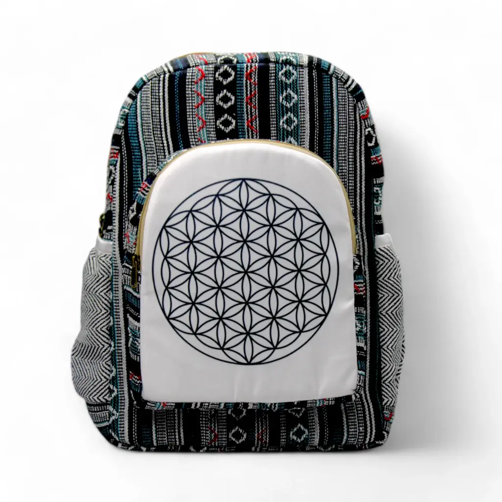 Sacred Geometry Flower of Life Backpack – Boho Cotton Canvas Bag with Ethnic Black Tribal Design & Side Pockets for Travel, Yoga, and Everyday Use 