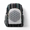 Sacred Geometry Flower of Life Backpack – Boho Cotton Canvas Bag with Ethnic Black Tribal Design & Side Pockets for Travel, Yoga, and Everyday Use 