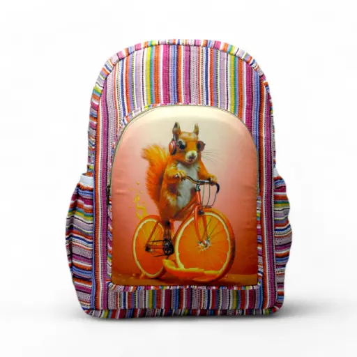Funky Squirrel Backpack – Quirky Orange Slice Bike Print on Striped Cotton Canvas Bag with Boho Vibes for Teens, Travel & Everyday Fun 