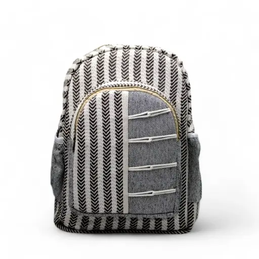 Ethnic Monochrome Tribal Stripe Backpack – Handwoven Cotton Canvas Laptop Bag with Utility Front Design & Side Pockets 