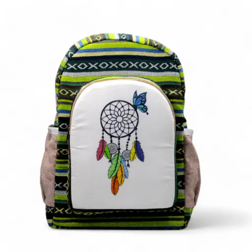 [Dreamcatcher 3] Dreamcatcher Backpack – Handmade Cotton Canvas Bag with Side Pockets 25 L