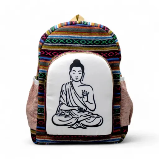 Handcrafted Buddha Print Boho Backpack – Spiritual Cotton Canvas Bag with Tribal Pattern & Side Pockets