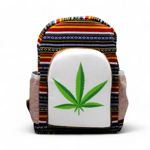 Hemp Leaf Backpack – Handmade Cotton Canvas Bag with Tribal Stripes and Side Pockets for Travel, College & Casual Use 25 L