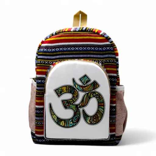 Handcrafted Om Symbol Backpack – Spiritual Cotton Canvas Bag with Boho Tribal Design & Side Pockets for College, Yoga & Travel 25 L