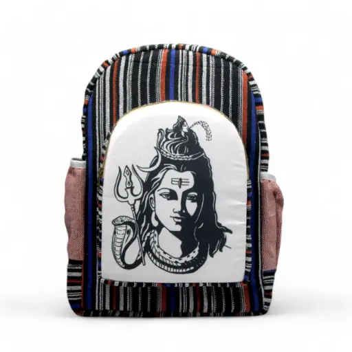 Lord Shiva Print Boho Backpack – Handcrafted Cotton Canvas Bag with Trishul Design & Tribal Fabric for College, Travel & Spiritual Use 25 L