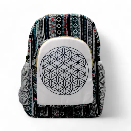 Sacred Geometry Flower of Life Backpack – Boho Cotton Canvas Bag with Ethnic Black Tribal Design & Side Pockets for Travel, Yoga, and Everyday Use 